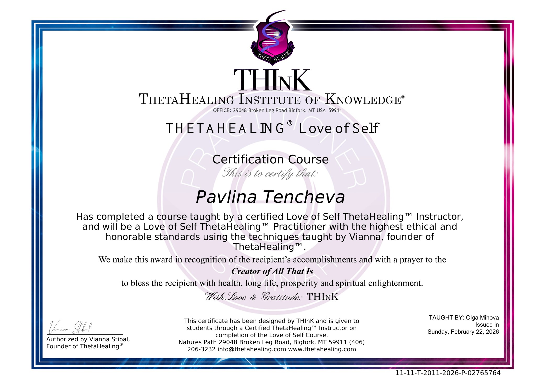 Сертификат ThetaHealing Love of Self на Павлина Тенчева