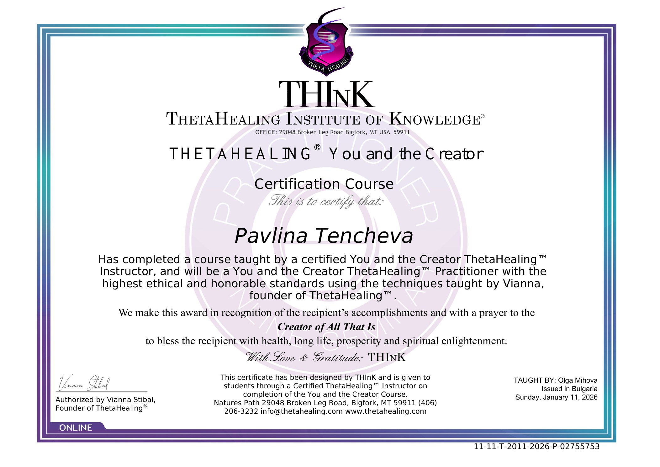 Сертификат ThetaHealing You and the Creator на Павлина Тенчева